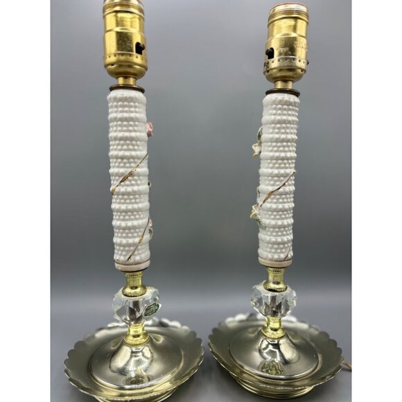 Vtg Table Lamp Set Floral Porcelain Leaded Crystal Table Electric - Picture 4 of 8